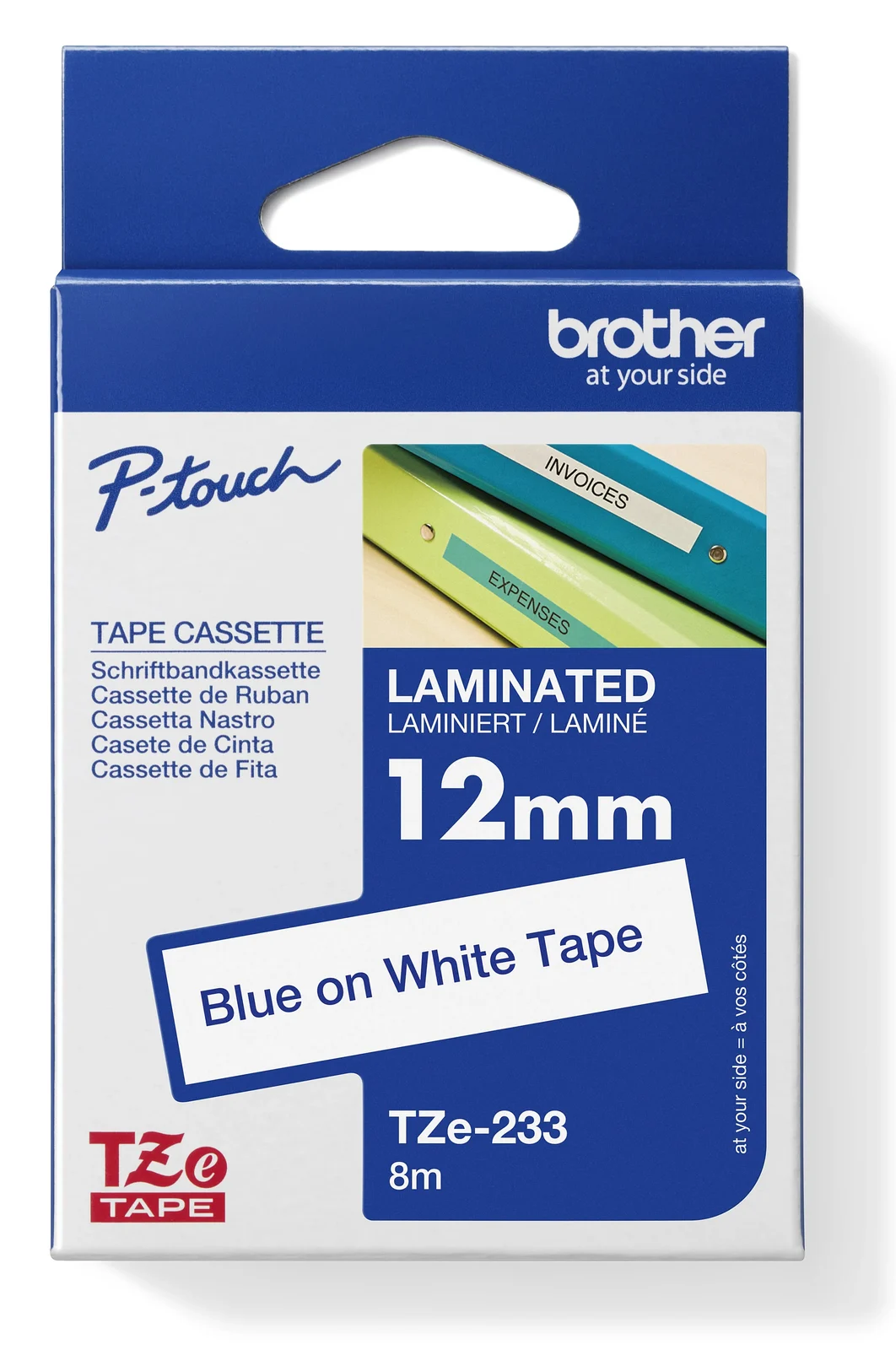 Brother TZe-233 12mm Blue on White Laminated Tape — box front