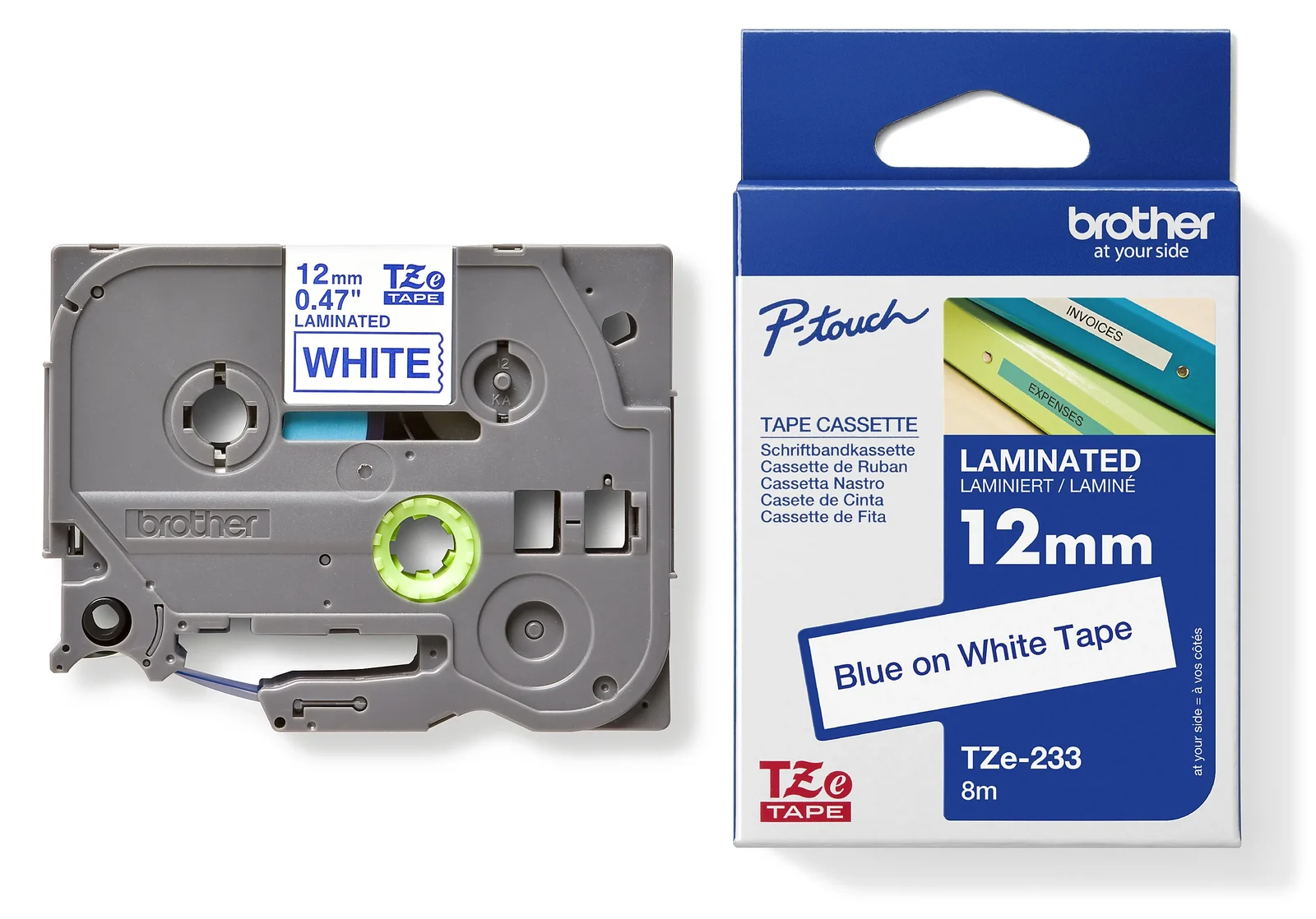 Brother TZe-233 12mm Blue on White Laminated Tape — tape cassette and box