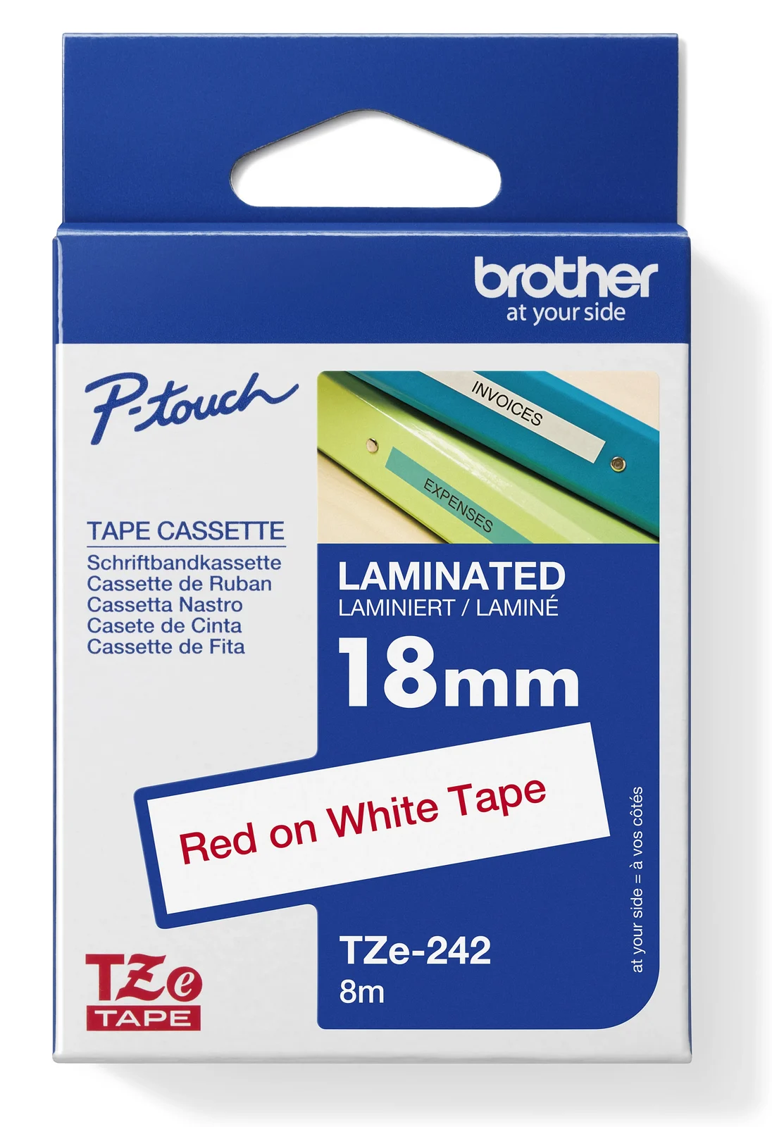 Brother TZe-242 18mm Red on White Laminated Tape — box front