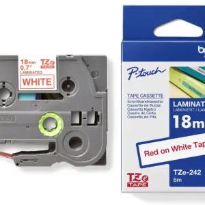 Brother TZe-242 18mm Red on White Laminated Tape — tape cassette and box