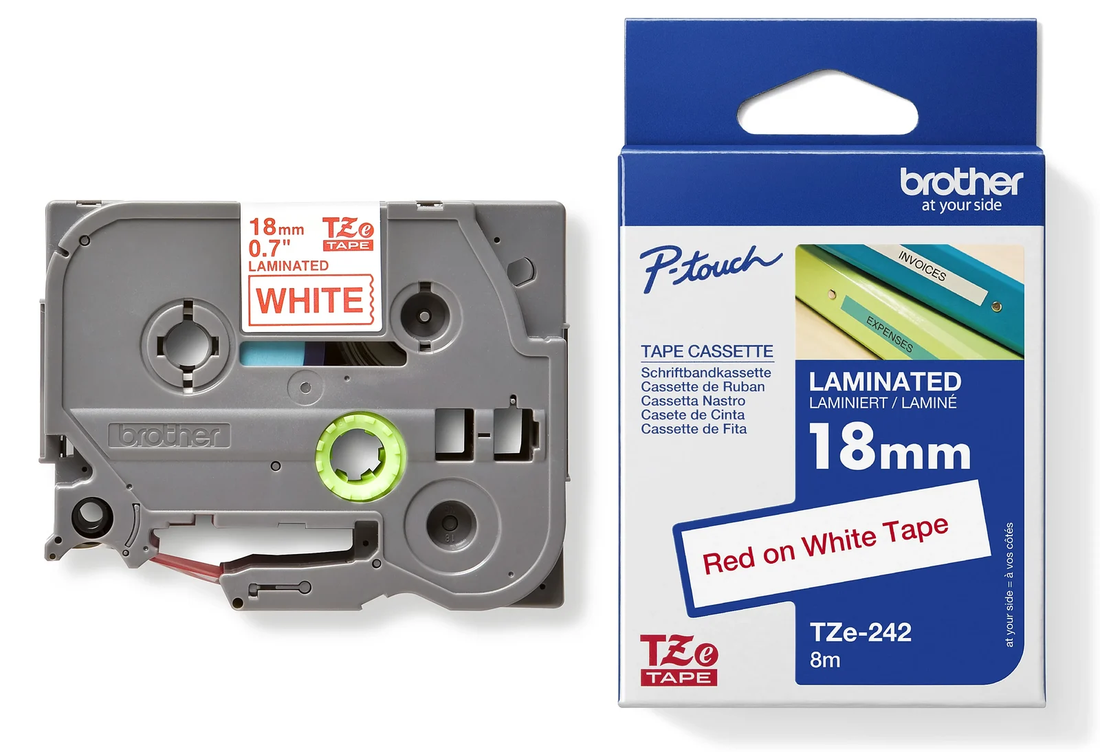 Brother TZe-242 18mm Red on White Laminated Tape — tape cassette and box