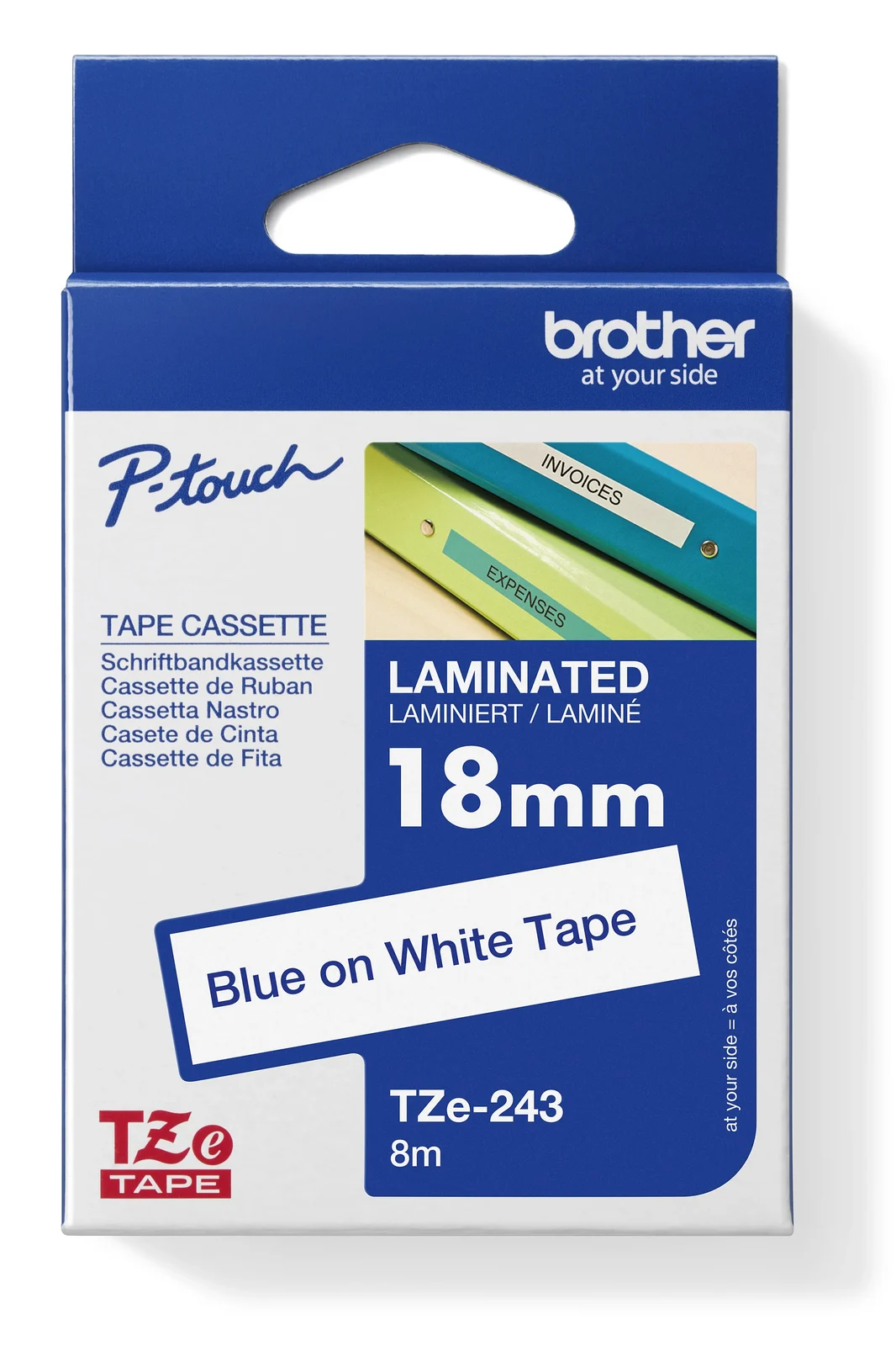 Brother TZe-243 18mm Blue on White Laminated Tape — box front