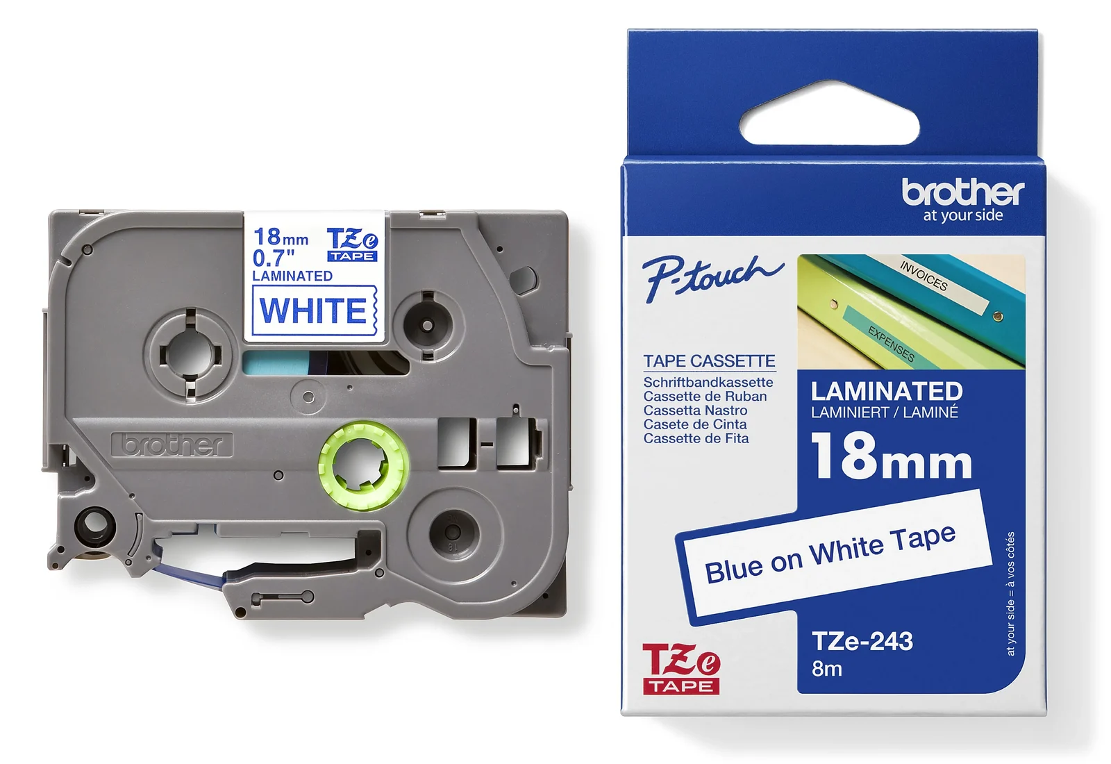 Brother TZe-243 18mm Blue on White Laminated Tape — tape cassette and box