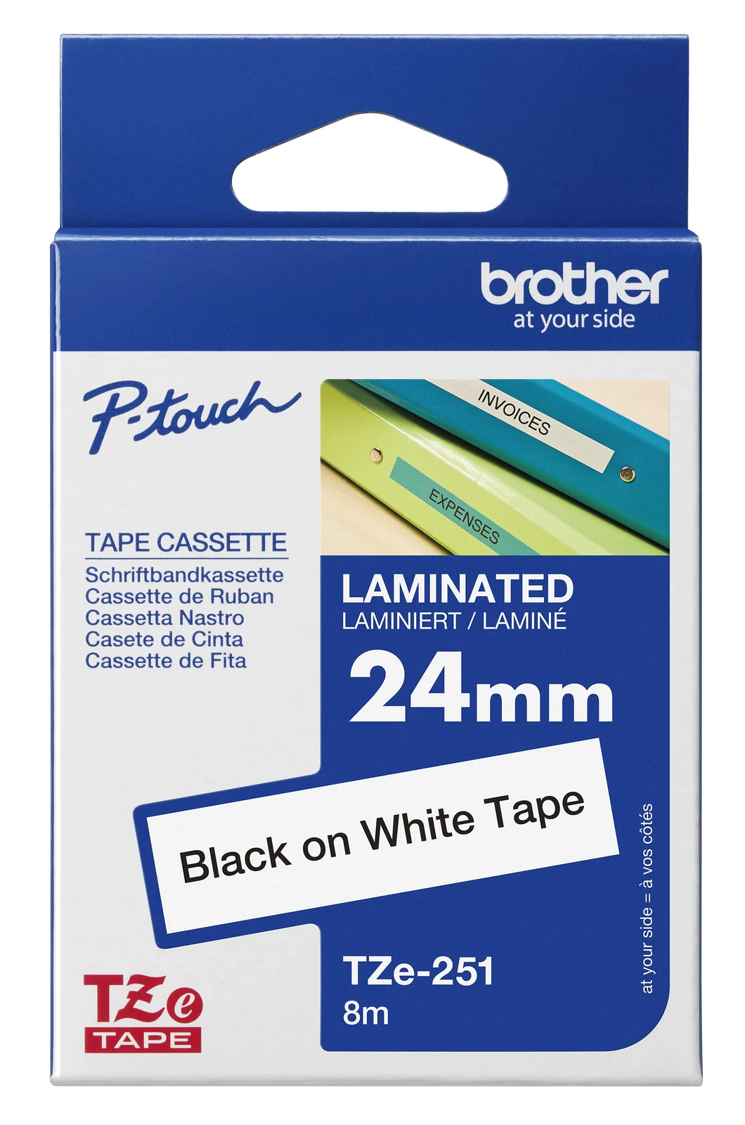 Brother TZe-251 24mm Black on White Laminated Tape — box front