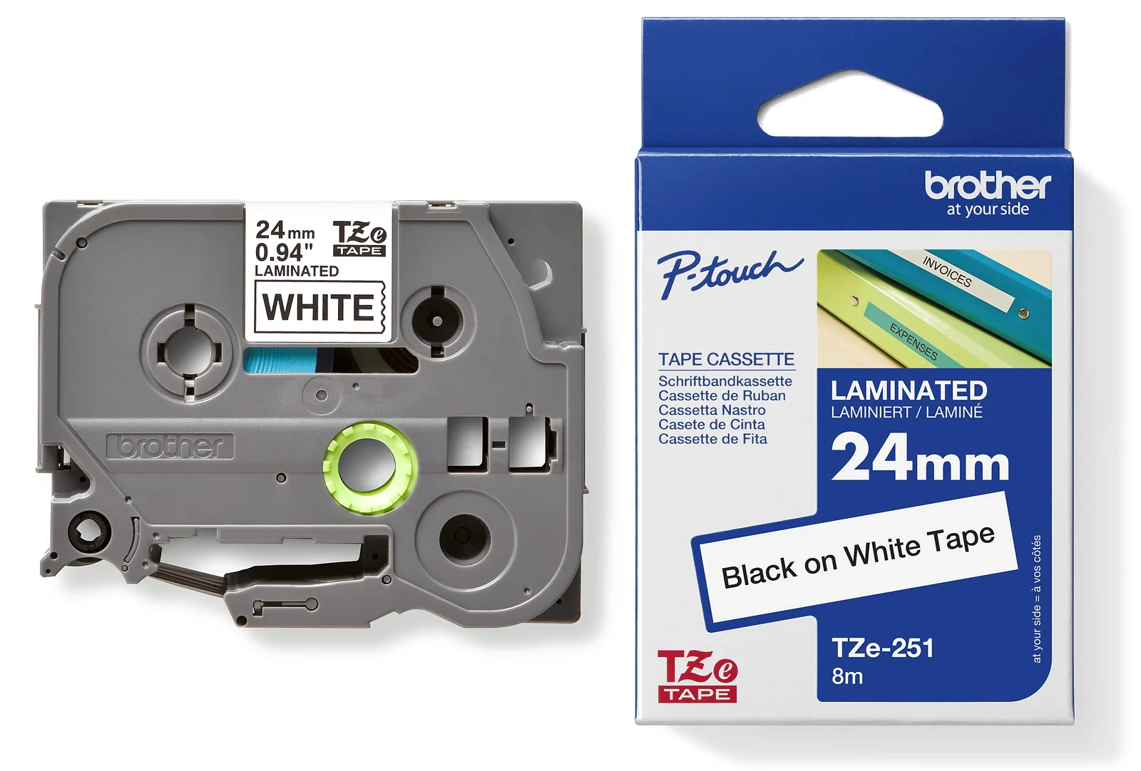 Brother TZe-251 24mm Black on White Laminated Tape — tape cassette and box