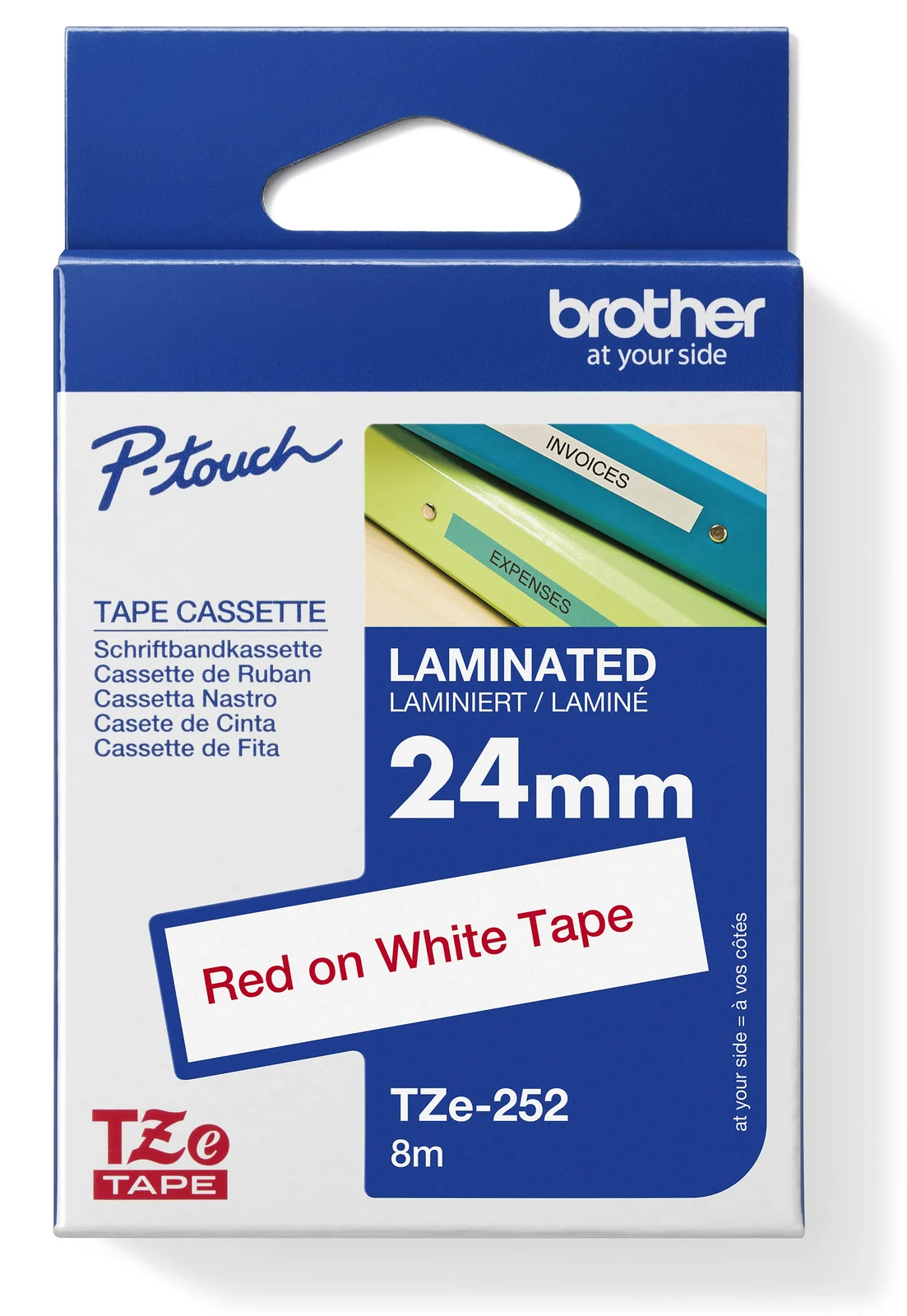 Brother TZe-252 24mm Red on White Laminated Tape — box front