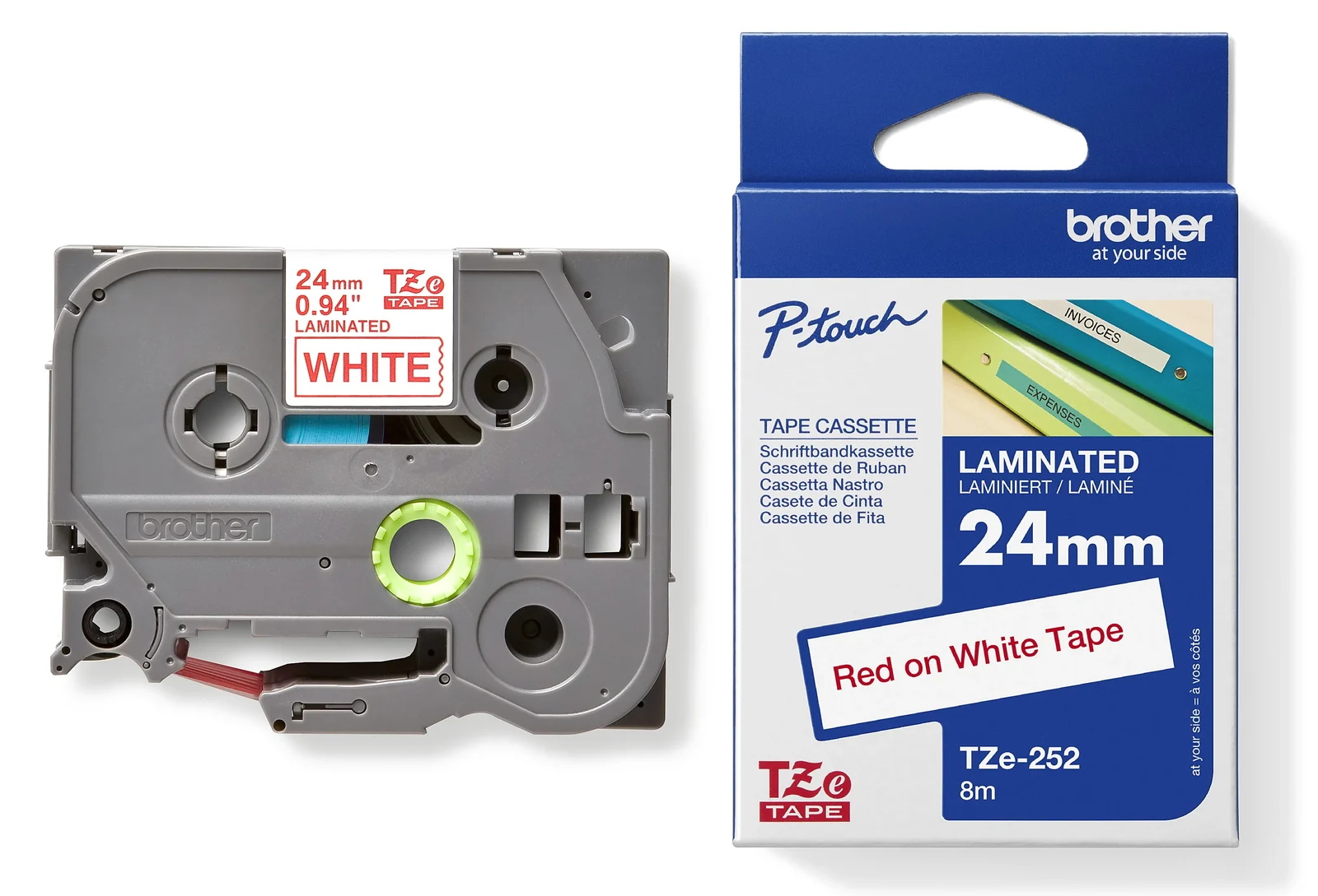 Brother TZe-252 24mm Red on White Laminated Tape — tape cassette and box