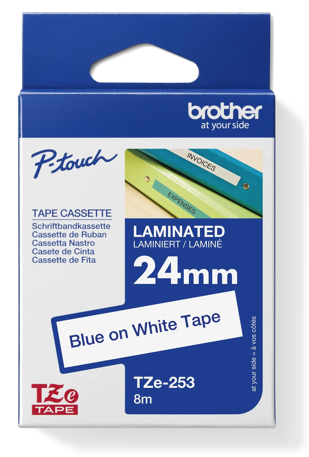 Brother TZe-253 24mm Blue on White Laminated Tape — box front