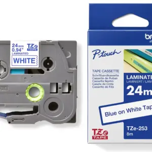 Brother TZe-253 24mm Blue on White Laminated Tape — tape cassette and box
