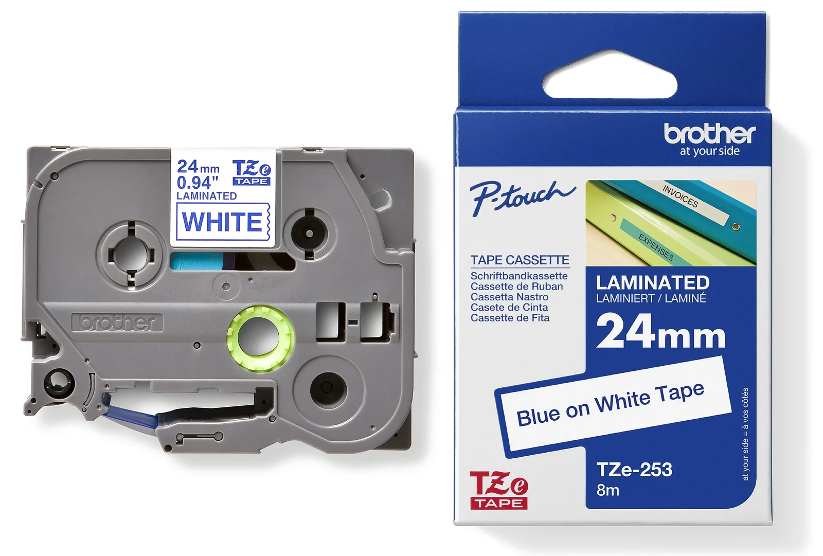 Brother TZe-253 24mm Blue on White Laminated Tape — tape cassette and box