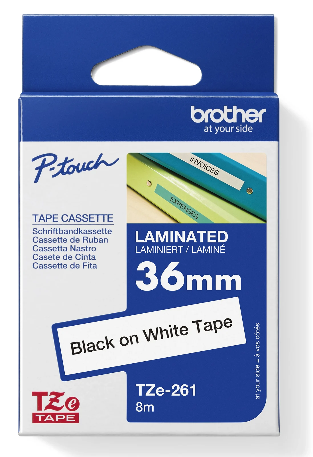 Brother TZe-261 36mm Black on White Laminated Tape — box front