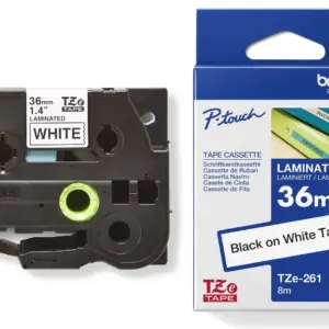 Brother TZe-261 36mm Black on White Laminated Tape — tape cassette and box