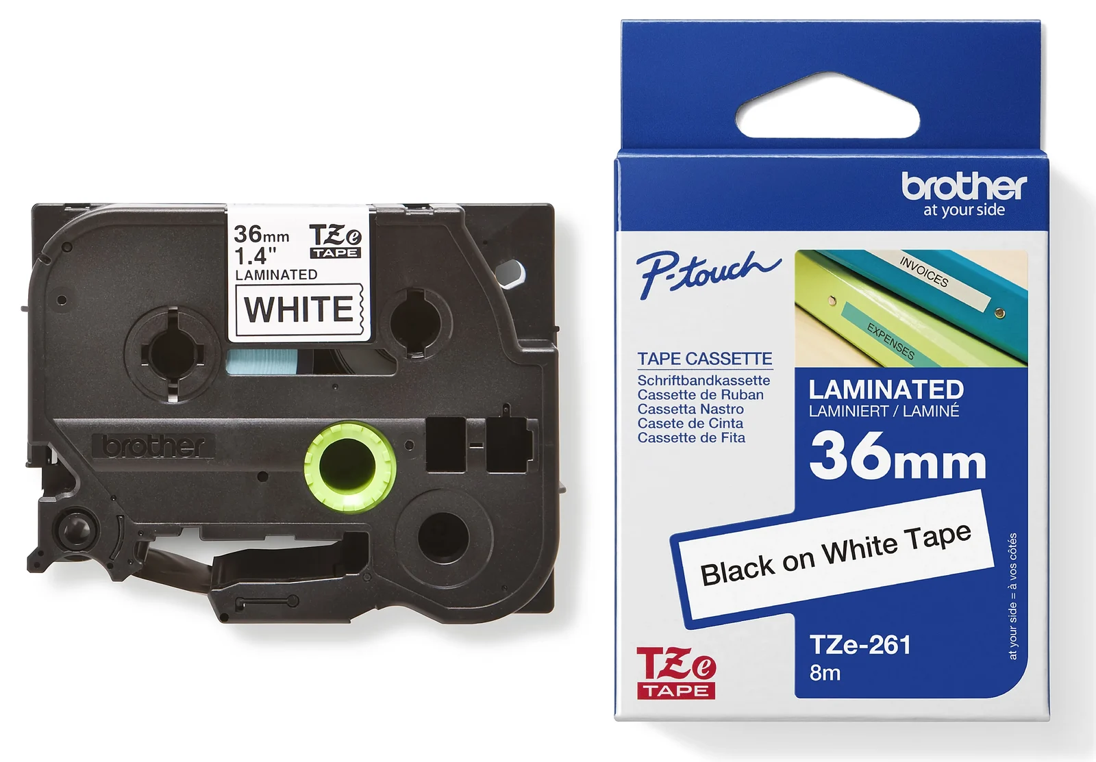 Brother TZe-261 36mm Black on White Laminated Tape — tape cassette and box