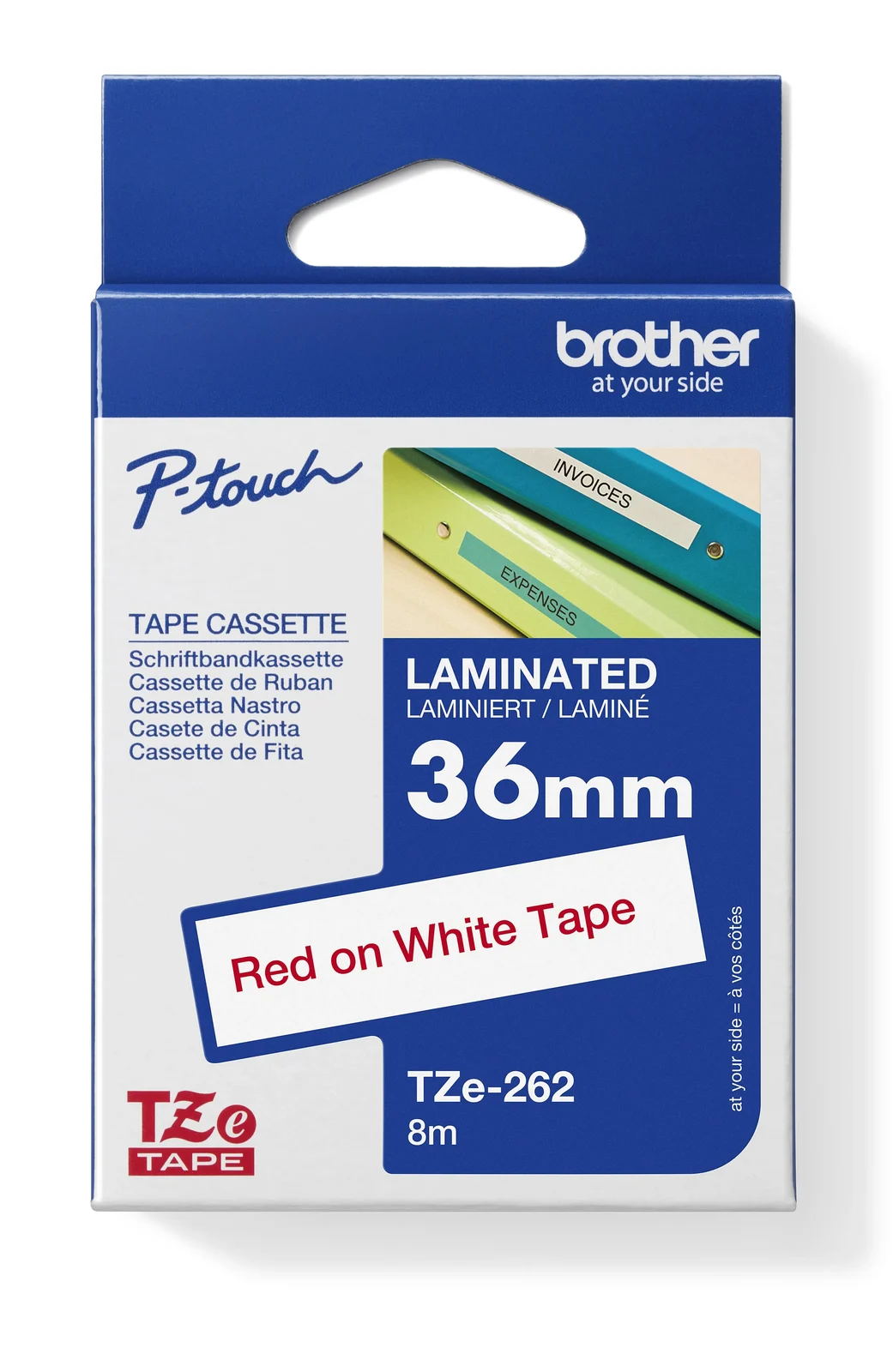 Brother TZe-262 36mm Red on White Laminated Tape — box front