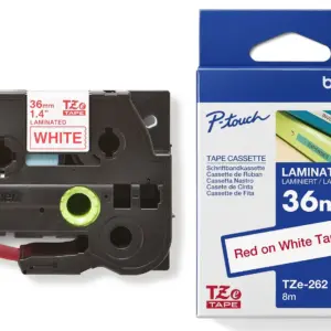 Brother TZe-262 36mm Red on White Laminated Tape — tape cassette and box