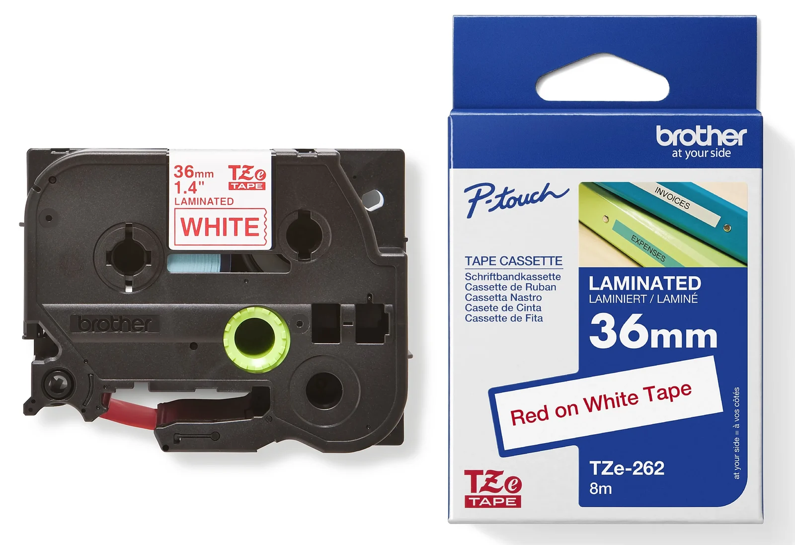 Brother TZe-262 36mm Red on White Laminated Tape — tape cassette and box