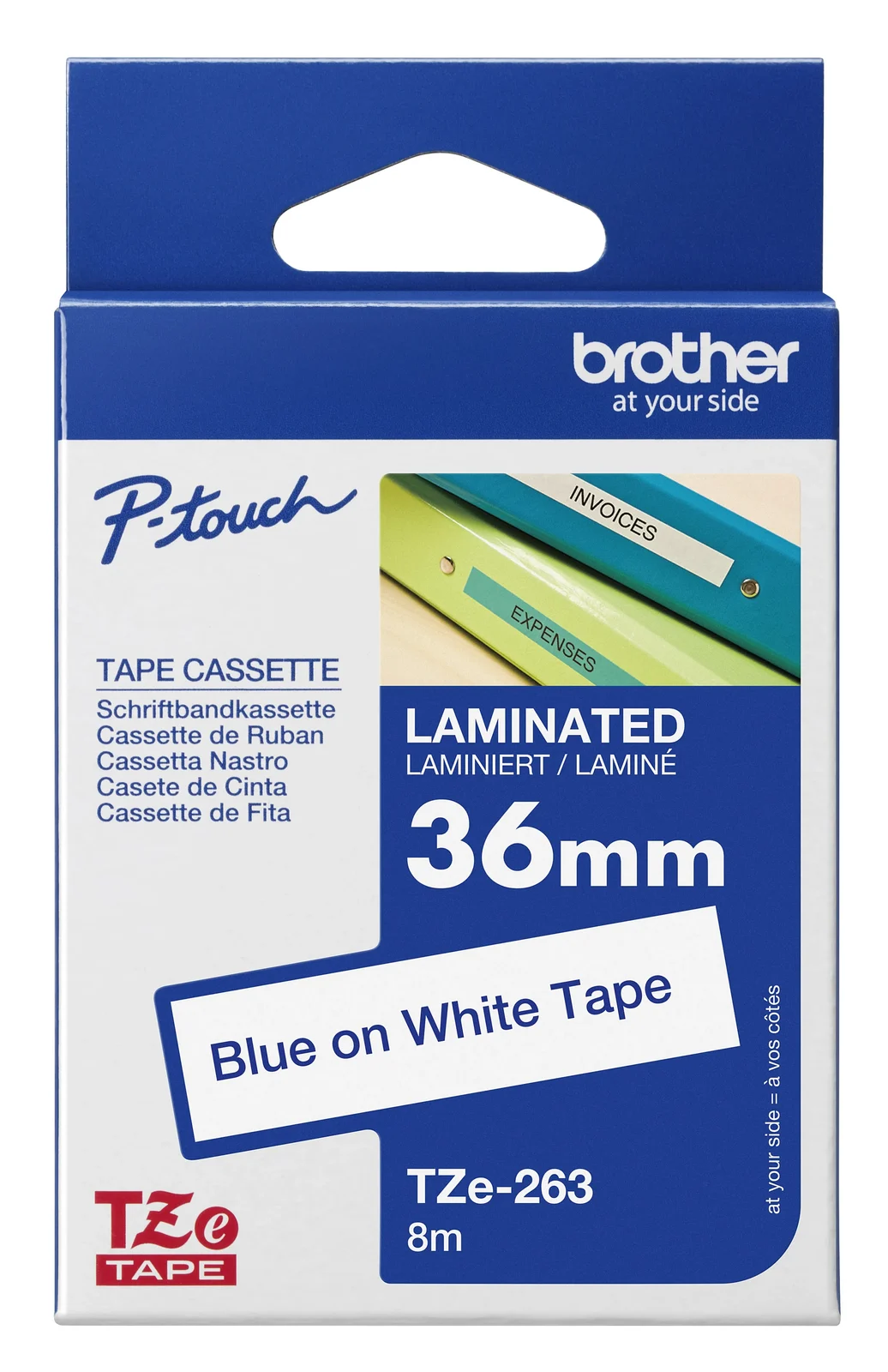 Brother TZe-263 36mm Blue on White Laminated Tape — box front