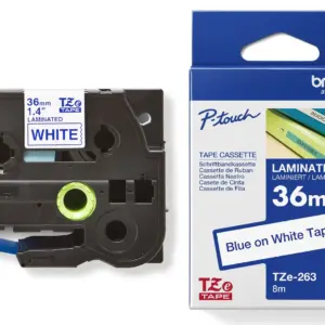 Brother TZe-263 36mm Blue on White Laminated Tape — tape cassette and box
