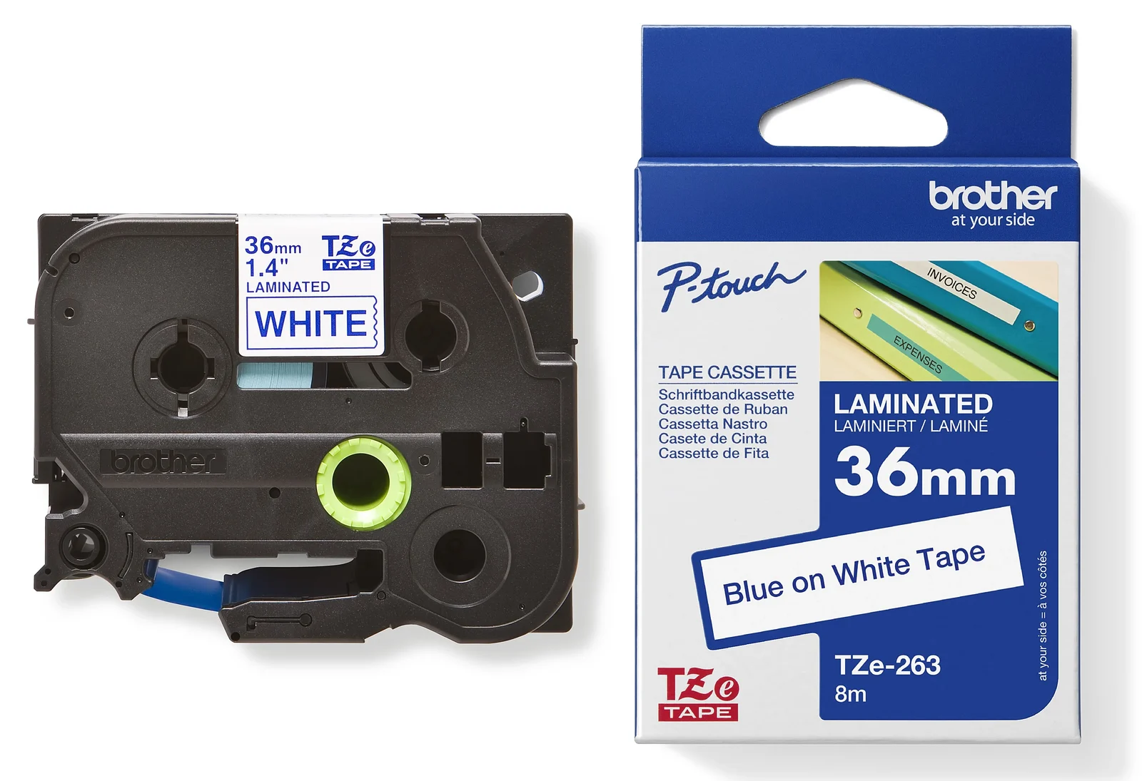 Brother TZe-263 36mm Blue on White Laminated Tape — tape cassette and box