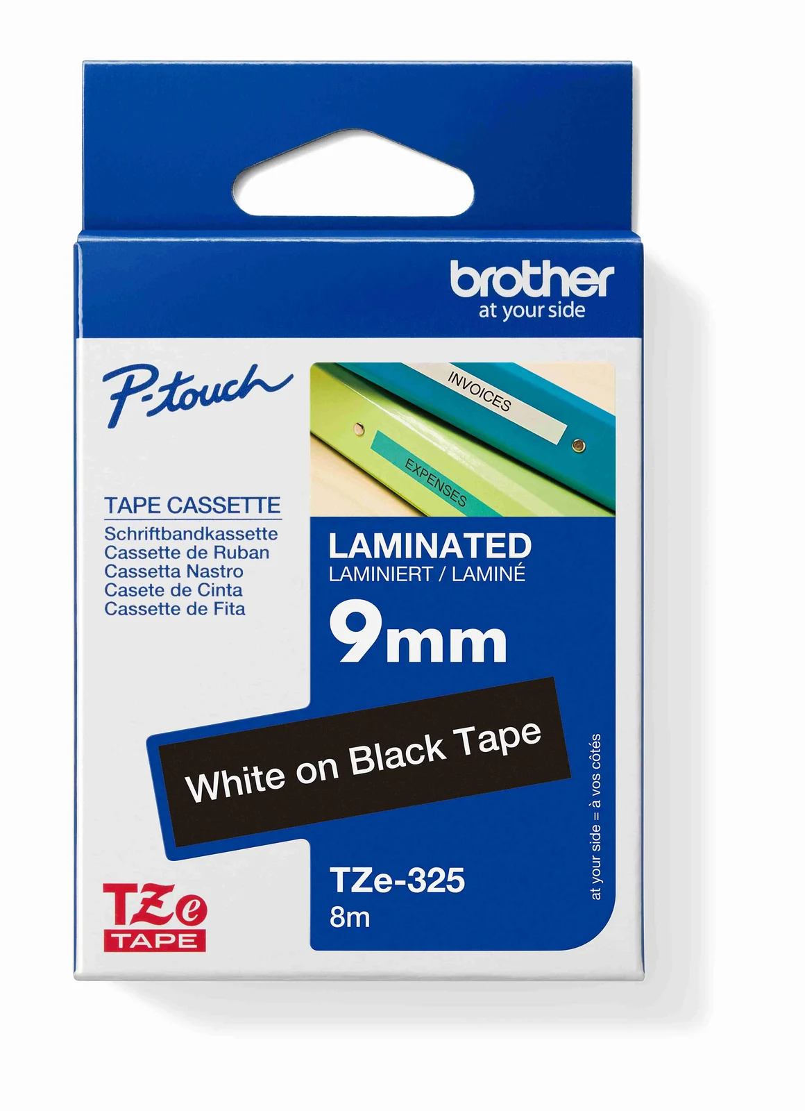 Brother TZe-325 9mm White on Black Laminated Tape — box front