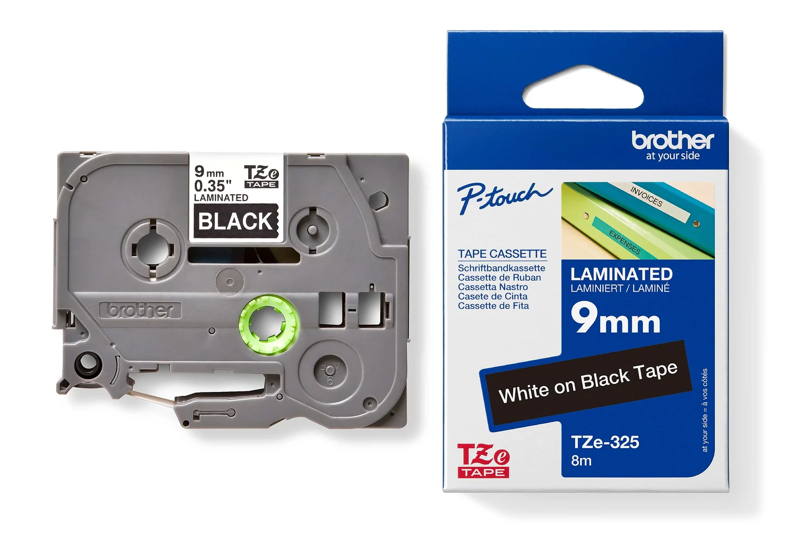 Brother TZe-325 9mm White on Black Laminated Tape — tape cassette and box