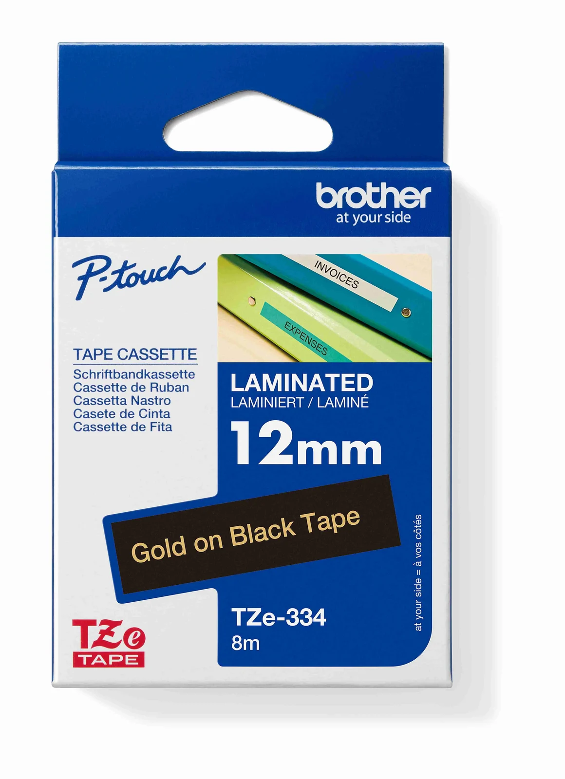 Brother TZe-334 12mm Gold on Black Laminated Tape — box front