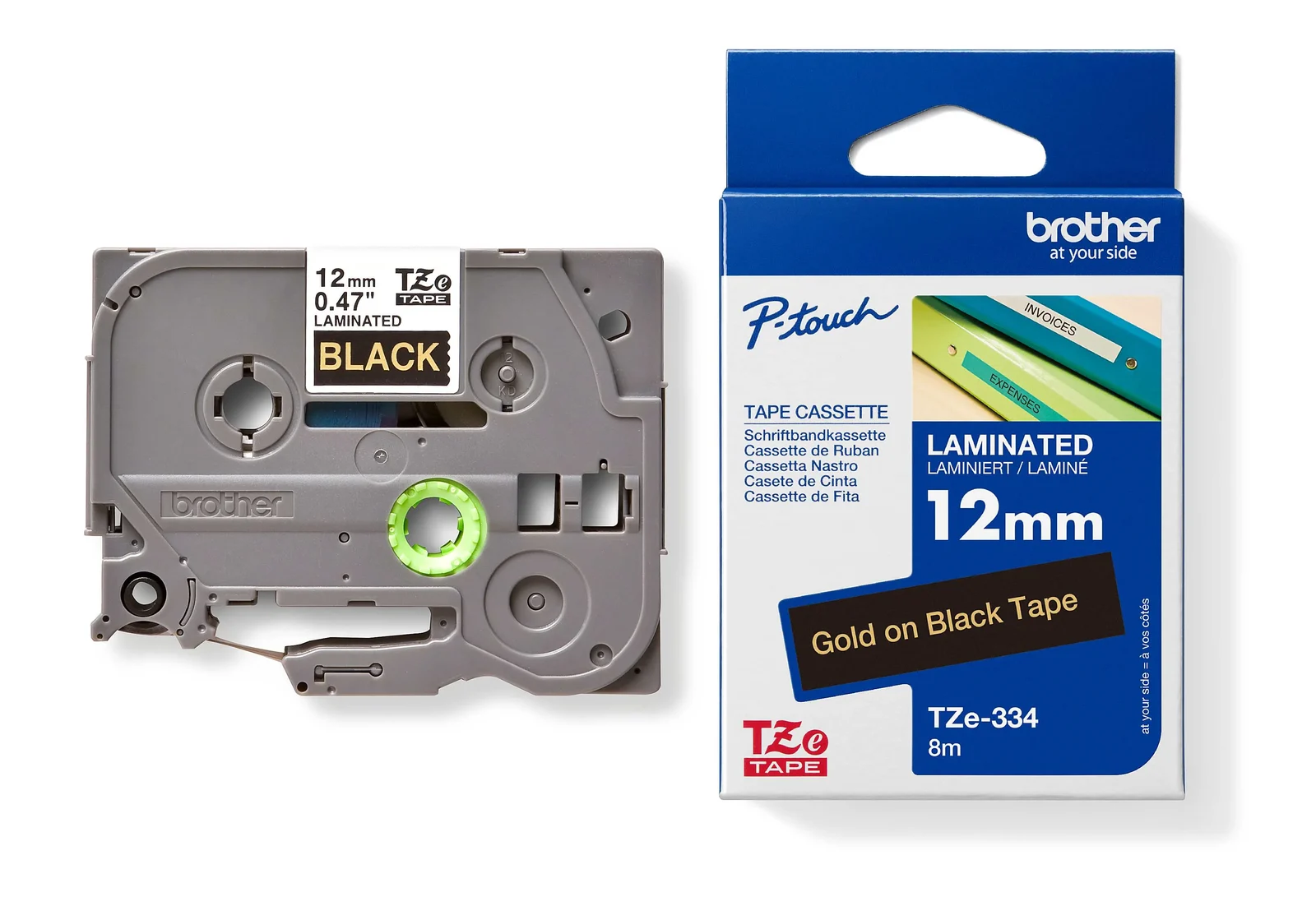 Brother TZe-334 12mm Gold on Black Laminated Tape — tape cassette and box