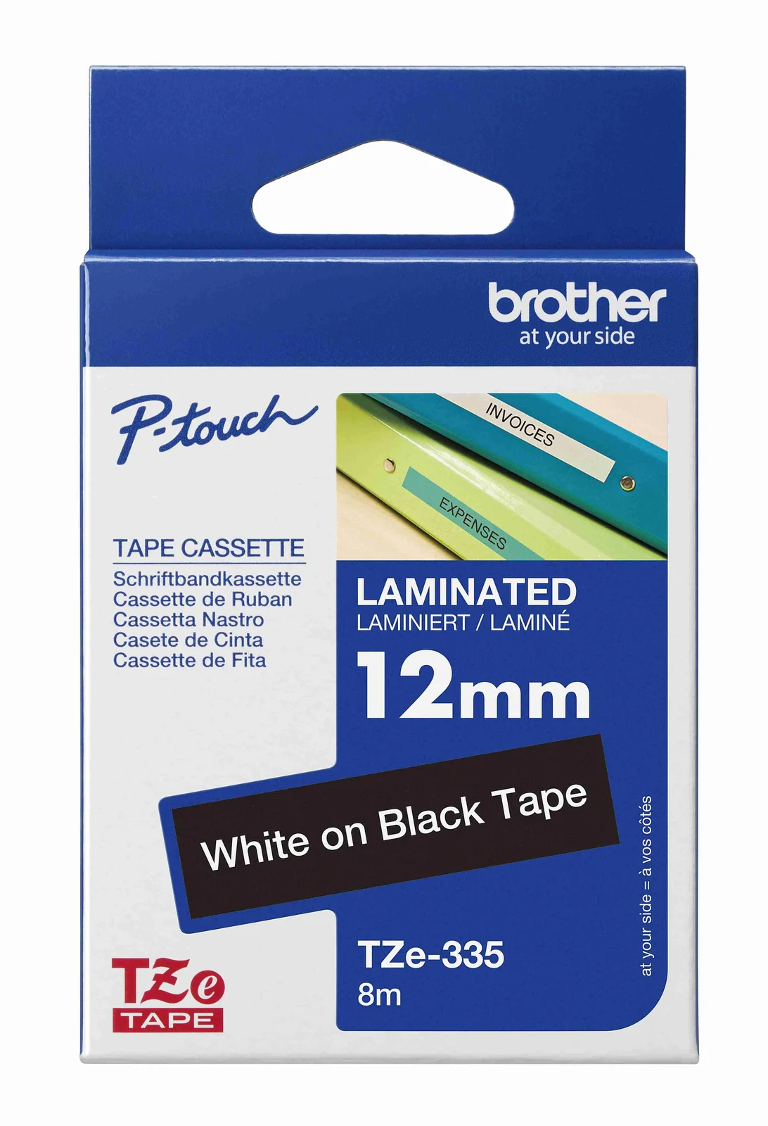Brother TZe-335 12mm White on Black Laminated Tape — box front