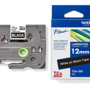 Brother TZe-335 12mm White on Black Laminated Tape — tape cassette and box