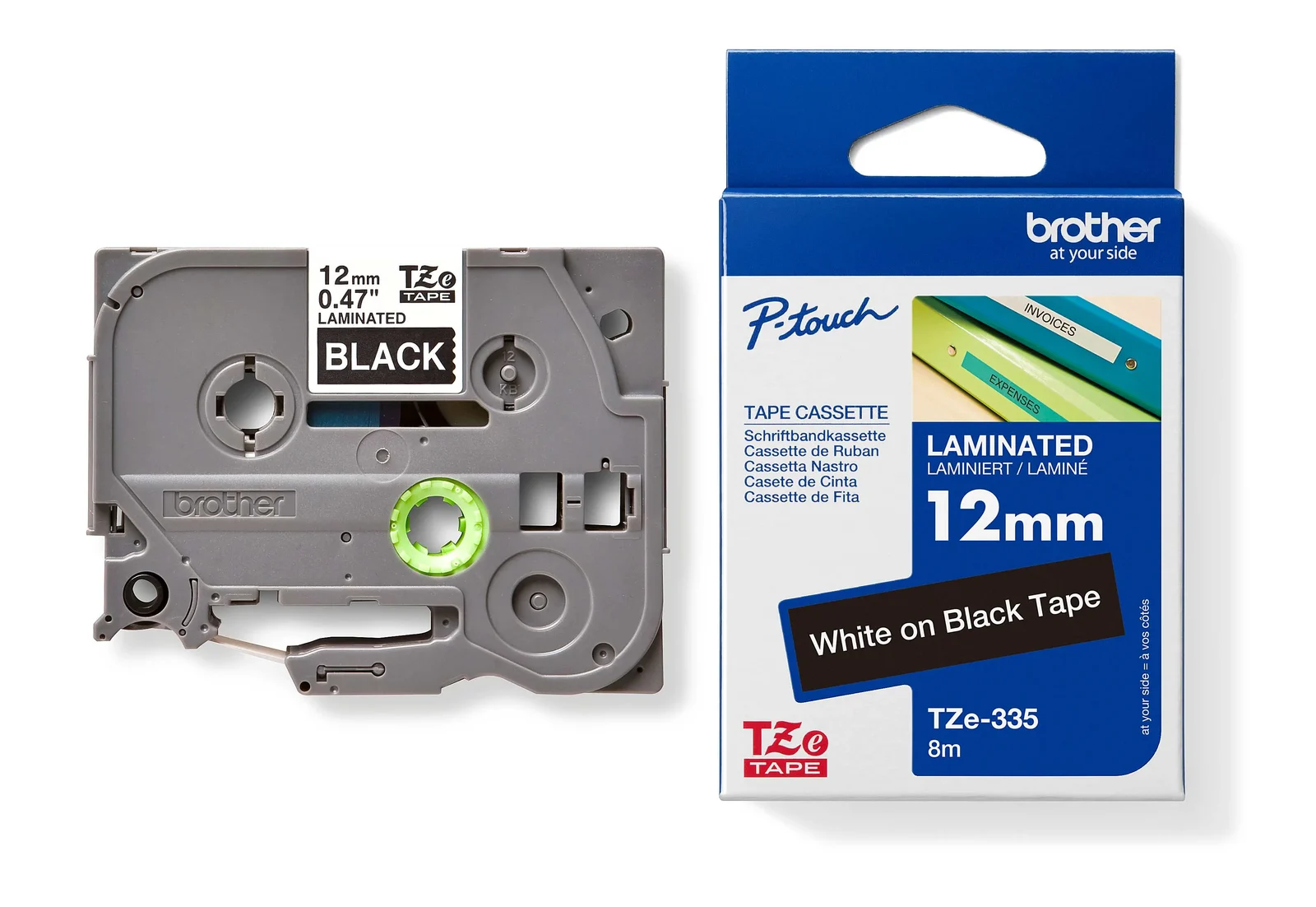 Brother TZe-335 12mm White on Black Laminated Tape — tape cassette and box