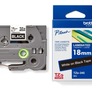 Brother TZe-345 18mm White on Black Laminated Tape — tape cassette and box