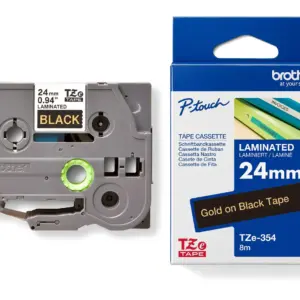 Brother TZe-354 24mm Gold on Black Laminated Tape — tape cassette and box