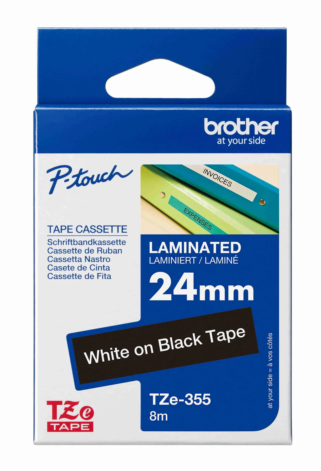 Brother TZe-355 24mm White on Black Laminated Tape — box front