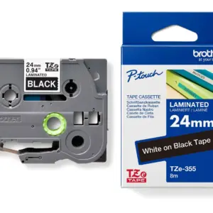 Brother TZe-355 24mm White on Black Laminated Tape — tape cassette and box