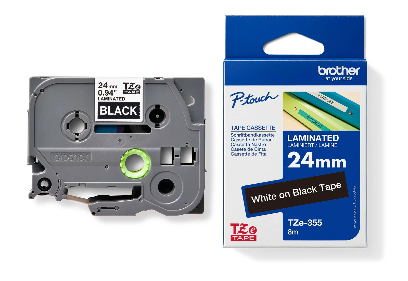 Brother TZe-355 24mm White on Black Laminated Tape — tape cassette and box