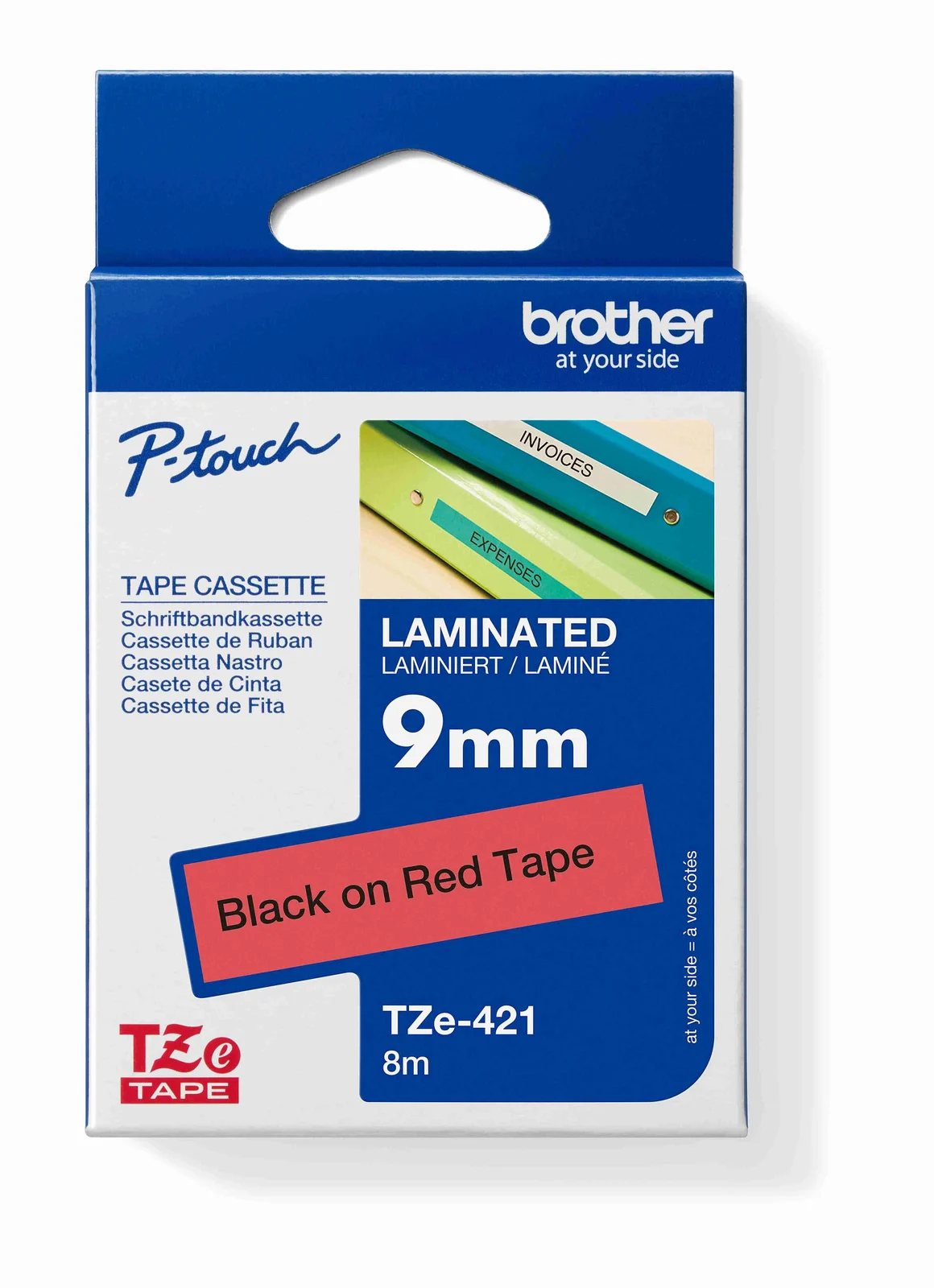 Brother TZe-421 9mm Black on Red Laminated Tape — box front