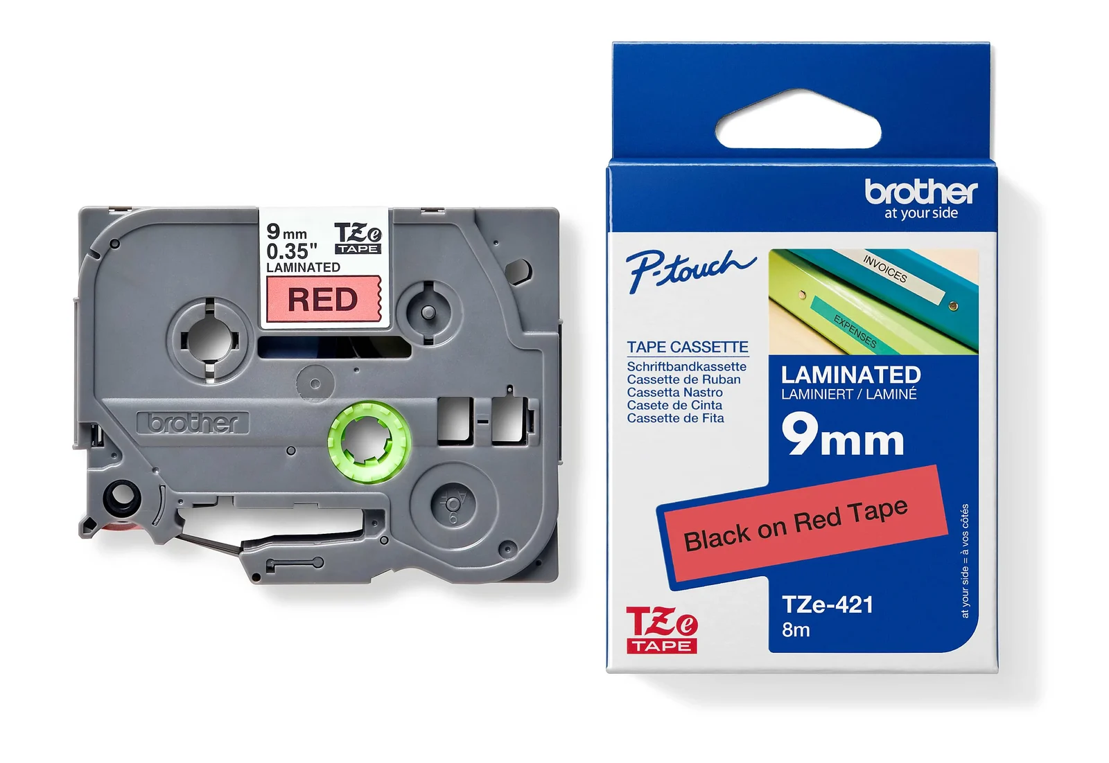 Brother TZe-421 9mm Black on Red Laminated Tape — tape cassette and box
