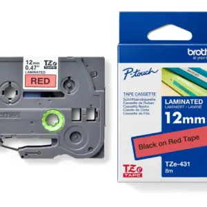 Brother TZe-431 12mm Black on Red Laminated Tape — tape cassette and box