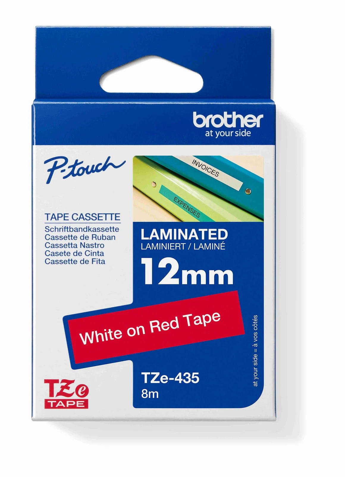 Brother TZe-435 12mm White on Red Laminated Tape — box front