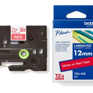 Brother TZe-435 12mm White on Red Laminated Tape — tape cassette and box