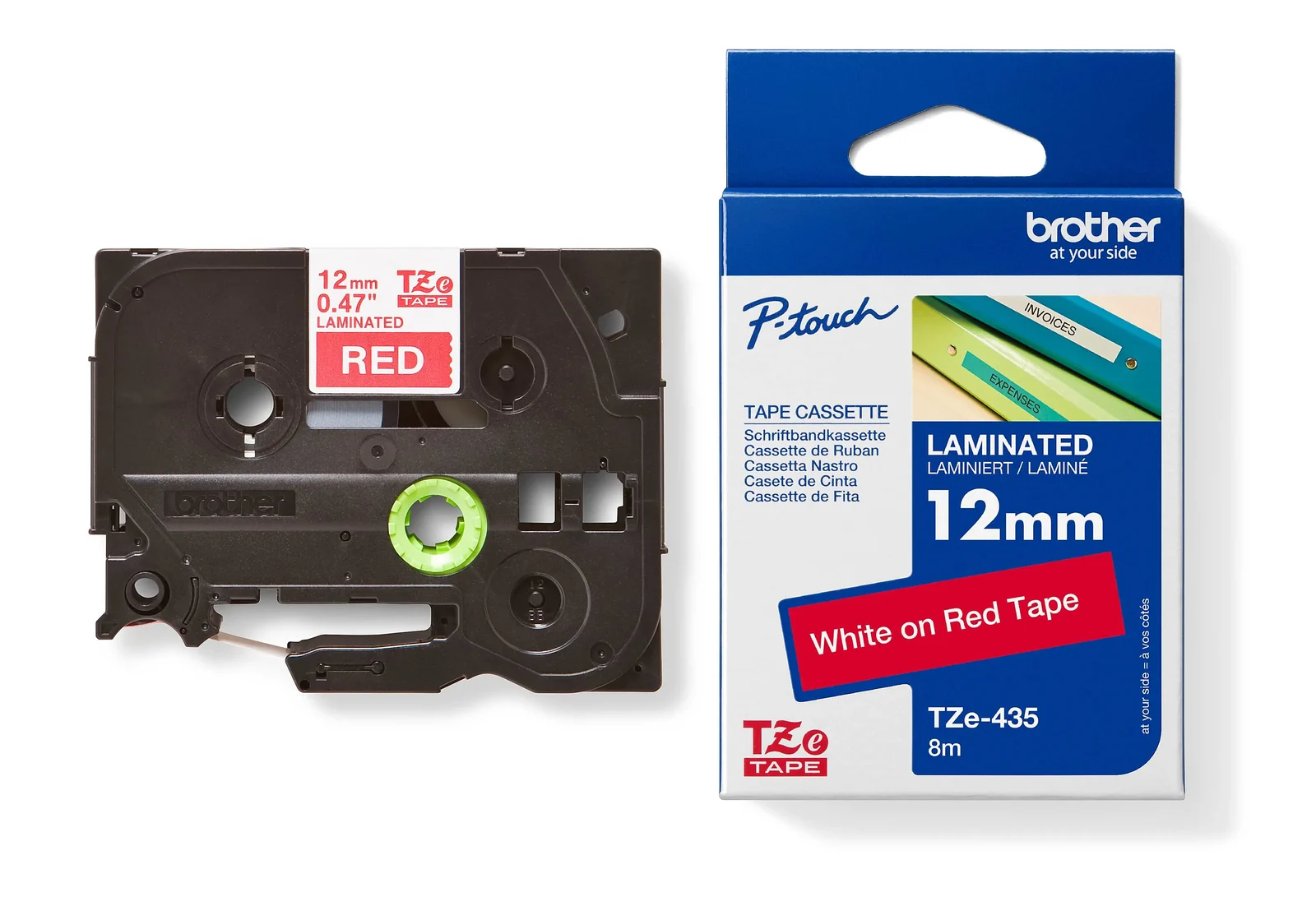 Brother TZe-435 12mm White on Red Laminated Tape — tape cassette and box