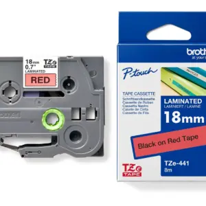 Brother TZe-441 18mm Black on Red Laminated Tape — tape cassette and box