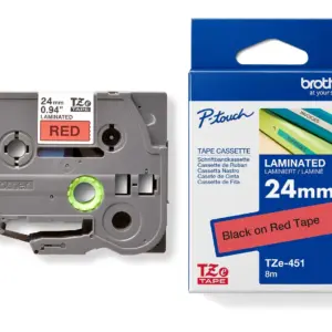 Brother TZe-451 24mm Black on Red Laminated Tape — tape cassette and box