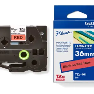 Brother TZe-461 36mm Black on Red Laminated Tape — tape cassette and box