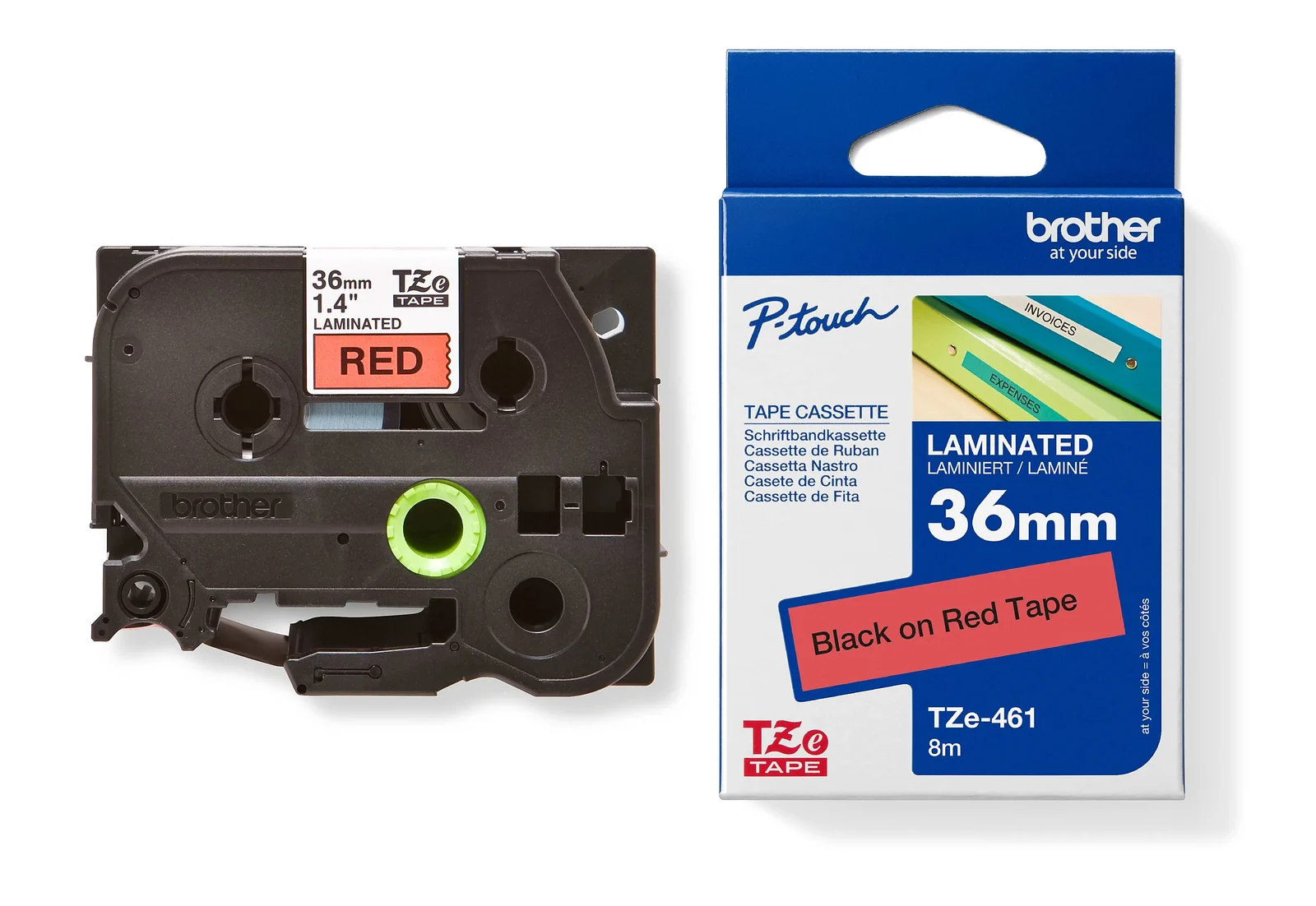 Brother TZe-461 36mm Black on Red Laminated Tape — tape cassette and box