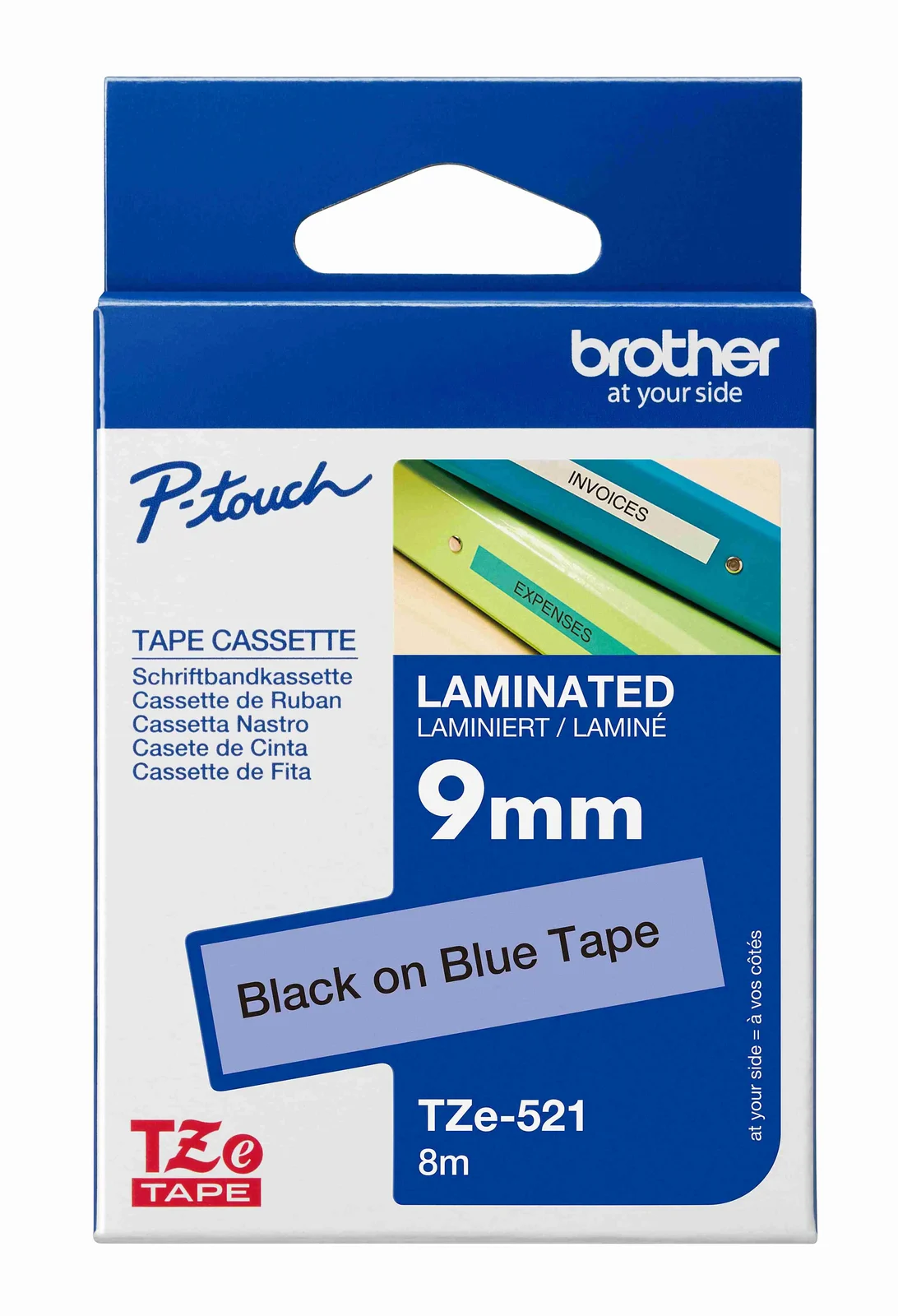 Brother TZe-521 9mm Black on Blue Laminated Tape — box front