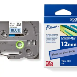 Brother TZe-531 12mm Black on Blue Laminated Tape — tape cassette and box
