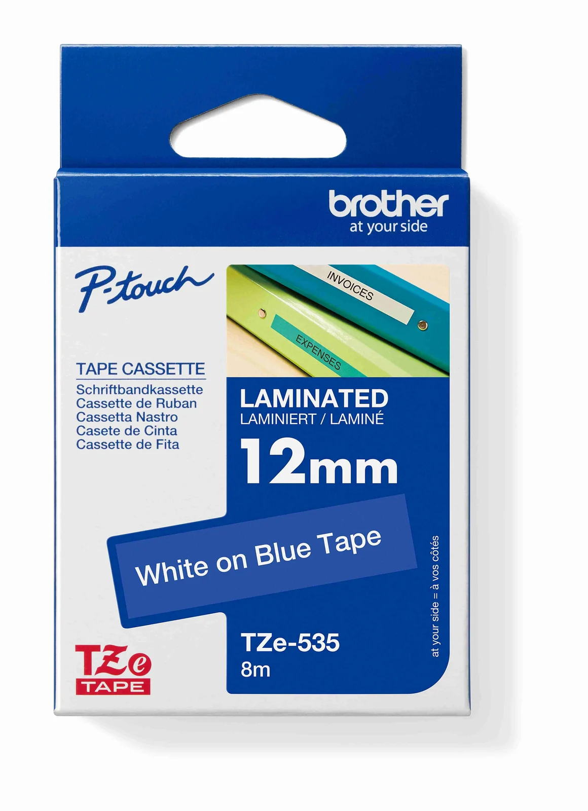 Brother TZe-535 12mm White on Blue Laminated Tape — box front