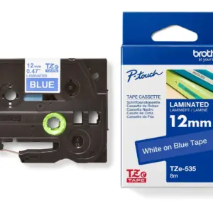 Brother TZe-535 12mm White on Blue Laminated Tape — tape cassette and box