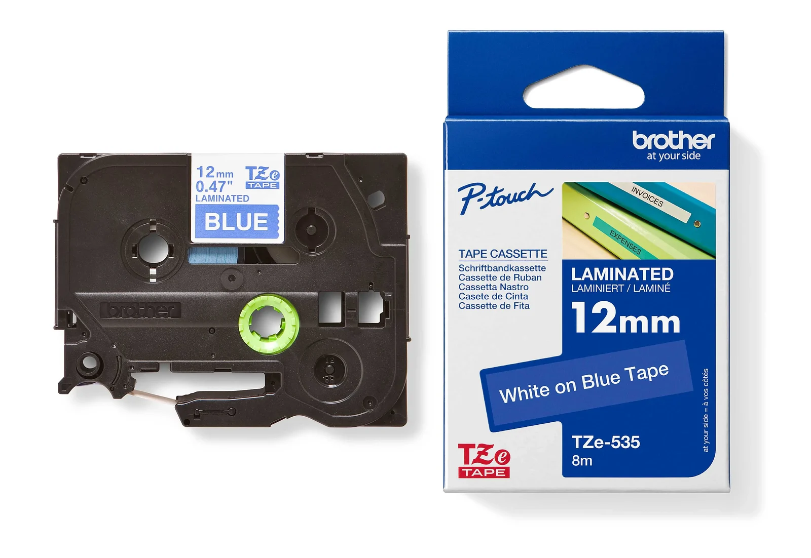 Brother TZe-535 12mm White on Blue Laminated Tape — tape cassette and box